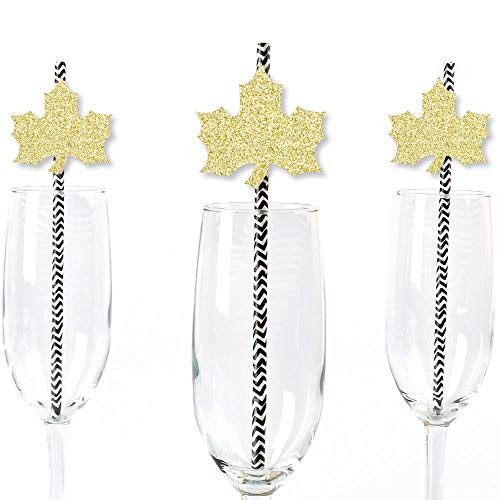 Gold Glitter Fall Leaf Party Straws - No-Mess Real Gold Glitter Cut-Outs & Decorative Fall, Thanksgiving and Friendsgiving Party Paper Straws - Set of 24