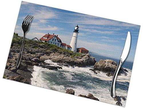 QISHUI Lighthouse Portland Maine Ocean Table Placemats Tray Mat 12x18 in Set of 6 Washable Table Placemats Table Heat Resistant Non-Slip Kitchen Place Mat