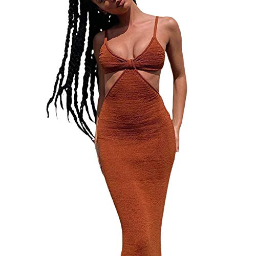 SOLILOQUY Sexy Knitted Cut Out Dress Bodycon Halter Neck Maxi Dress Club Party Beach Strap Long Dress Y2k Streetwear Deep Orange