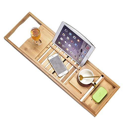 Luxury Bathtub Caddy Tray?Bamboo Bathtub Tray Caddy - Wood Bath Tray Expandable?Can be Placed Book and Integrated Tablet Smartphone and Wine Holder - Gift Idea for Loved Ones