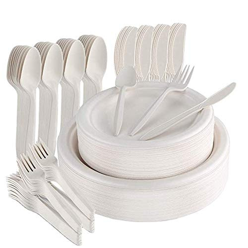 Sharif Max Disposable Dinnerware Set Biodegradable Sugarcane Cutlery Tableware and Dinner Plates Knives Spoons Forks Combo for Birthday Party BBQ Picnic Eid Events Eco-Friendly 250 Pcs 50 Guests