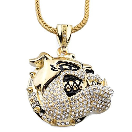 Men's Iced Bulldog Pendant Micro Pave Gold Finish 36" Franco Chain Hip Hop Necklace