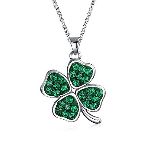 Celtic Irish Good Luck Sparkling Green Crystal Clover Shamrock Dangle Pendant Charm Necklace For Women Teens .925 Sterling Silver