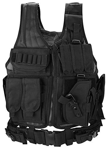 ProCase Tactical Vest Molle Vest for Man Women Youth Breathable Tactical Vest with Numerous Pouches - Combat Training Vest Black 600D Polyester