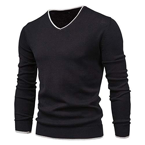 Men's Cotton V Neck Sweater Knitted Jumper Sweater Long Sleeve Pullover Top Black