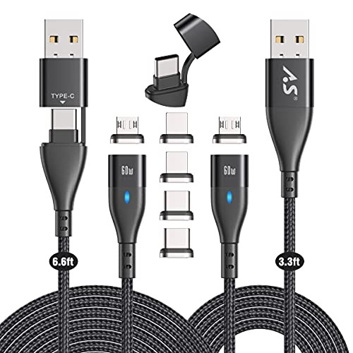 A.S 60W Magnetic Charging Cable -2-Pack 3.3ft plus6.6ft- C to C Fast Charging and Data Transfer Magnetic USB C Cable USB-A-USB-C to 3 in 1 Magnetic Cable Compatible with Type-C Micro USB - Black