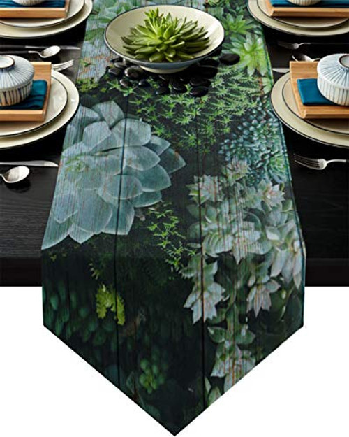 IDOWMAT Table Runner Green Succulents on Wood Grain Table Runner Home Decor Dresser Scarves Linen Cotton Table Setting for Farmhouse Kitchen Dinner Holiday Parties Wedding Events 13"x70"