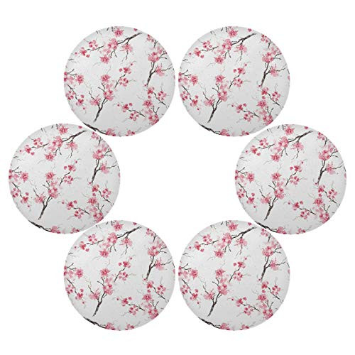 Kelekey Japanese Flower Cherry Blossom Round Placemats Washable Non-Slip Place Mats Heat Resistant Table Mats for Home Kitchen Dining Table Decor Set of 6