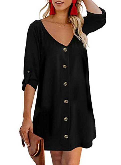 AlvaQ Women Summer V Neck 3-4 Sleeve Short Sleeve Dress Casual Button Down Beach Swing Tunic Dresses Black Small AlvaQ Women Summer V Neck 3-4 Sleeve Short Sleeve Dress Casual Button Down Beach Swing Tunic Dresses Black Small