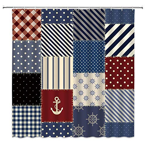 Nautical Shower Curtain Maritime Anchor Rudder Marine Life Theme Vintage Sailor Knot Pattern Bathroom Curtains Decor Polyester Fabric Quick Drying Include Hooks