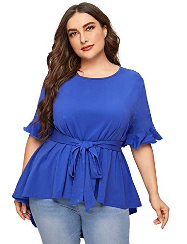 Romwe Women's Plus Size Loose Ruffle Short Sleeve Belted Flare Peplum Blouse Top Blue 4X