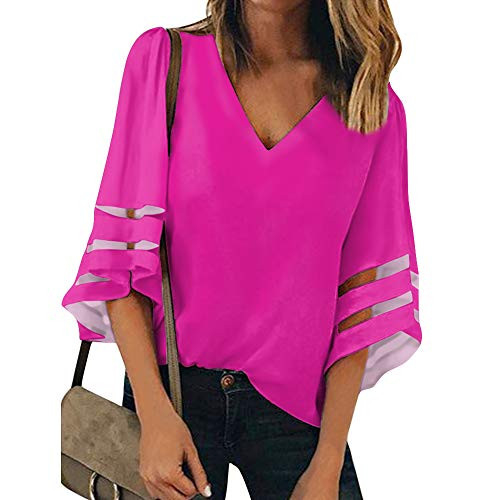 Women's Rose Red Casual Work Tops V Neck Mesh Panel Blouse 3-4 Bell Sleeve