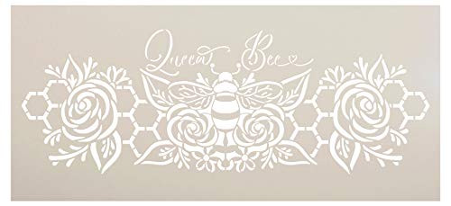 Queen Bee Stencil with Flowers  and  Honeycomb by StudioR12 - DIY Farmhouse Home Decor - Boho Floral Script Word Art - Craft  and  Paint Wood Signs - Reusable Mylar Template - Select Size -24 x 11 inch-