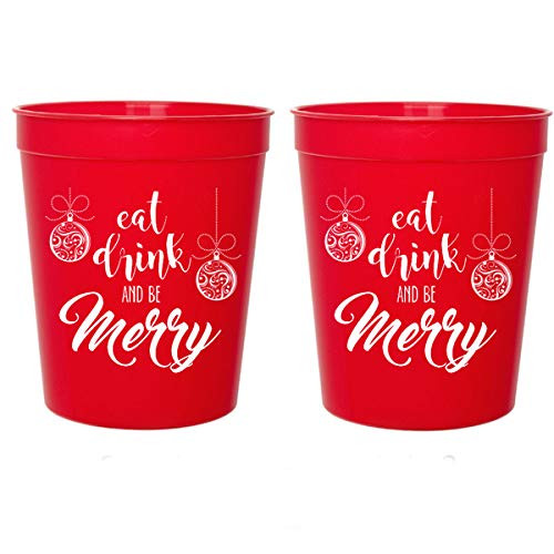 Mandeville Party Company Christmas Red Plastic Stadium Cups - Eat Drink and Be Merry Ornaments (10 Cups)