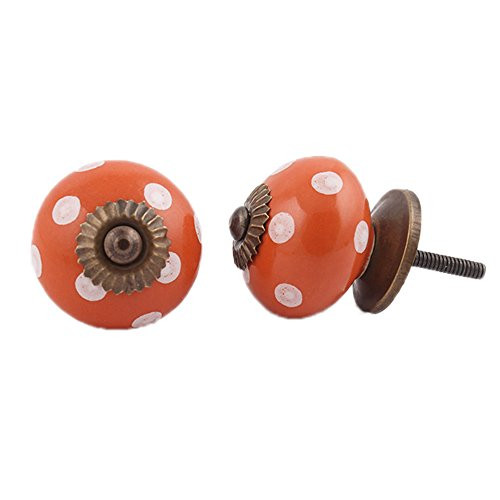 IndianShelf Handmade Ceramic Polka Dot Dresser Knobs Drawer Cabinet Door Kitchen Wardrobe Pulls Handles -3.81 cm Orange 2 Piece-