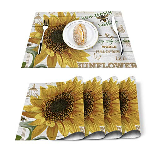 SUN-Shine Sunflowers and Bee Placemats Wooden Board Placemat for Dining Table Decorations Heat-Resistant Washable Table Mats for Kitchen Dinner Banquet Set of 4