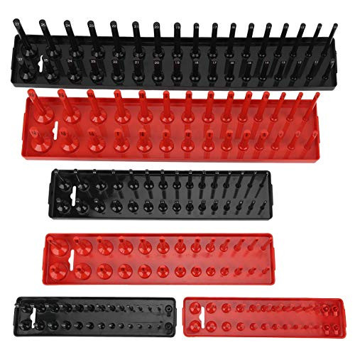 Socket Organizer Tray Set 6Pcs Socket Organizer Tray Set Rack Storage Holder Tool Metric SAE 1-4" 3-8" 1-2" Red and Black Socket Rails Socket Trays Organizer Holder Storage Rack Multi-Function