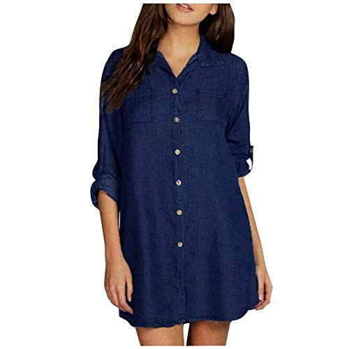 NJGRAE Womens Dresses Summer Dresses for Women Wedding Dress Women Casual Solid Denim Dress V-Neck Roll Sleeve Button Loose Mini Dress Navy S NJGRAE Womens Dresses Summer Dresses for Women Wedding Dress Women Casual Solid Denim Dress V-Neck Roll Sleeve Button Loose Mini Dress Navy S