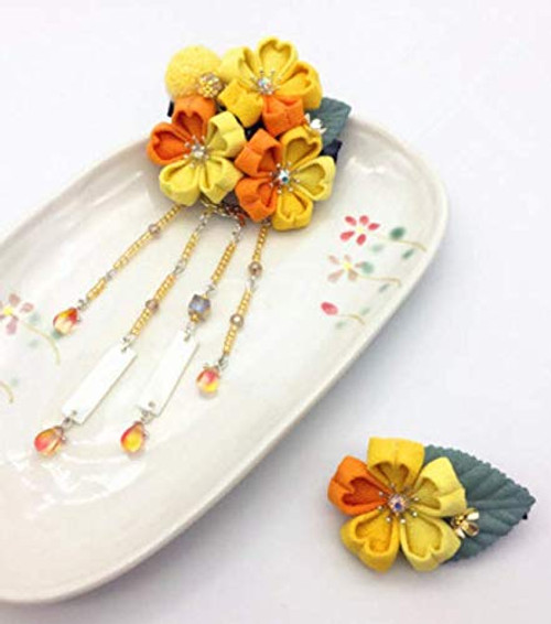 Handmade Japanese Sakura Hair Pin Partysu Deco Kanzashi Hair Sticks Picks Fit for Kimono Hanfu Accessories Whole Set -Yellow-