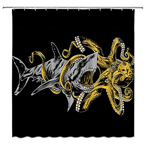 Octopus Shower Curtain Ocean Animal Kraken Sea Monster Octopus Tentacle Attack Shark Wars Marine Animal Creative Art Print Black Bathroom Curtains Polyester Fabric 70 Inches Include Hooks