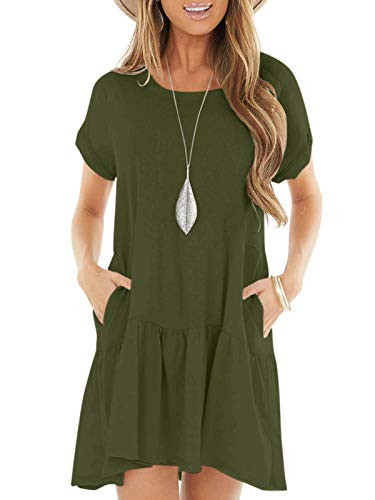 Women Short Sleeve Pocket Casual Plain Flexible Loose Ruffle Swing T-Shirt Dress Army Green XL
