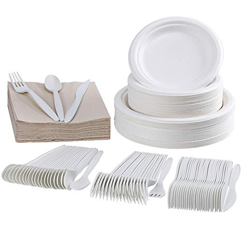 300 Piece Disposable Dinnerware Set - 100 Compostable Disposable Plates - 50 Forks Knives Spoons and Napkins - Biodegradable Sugarcane Cutlery Eco-Friendly Tableware Combo for Party Camping