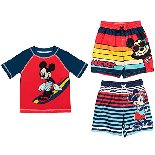 Disney Mickey Mouse Toddler Boys 3 Piece Swim Set- Rash Guard and 2 Swim Trunks 4T Red-Navy