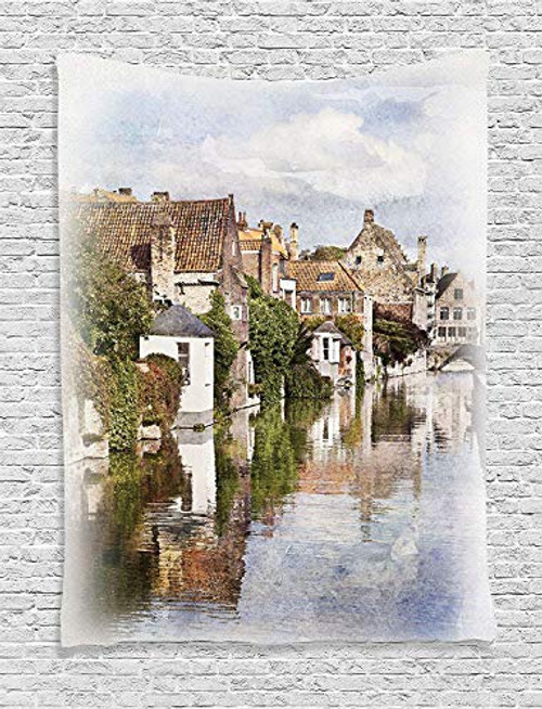 Ambesonne Abstract Tapestry Bruges Old Historic Town by the Canal View Classic Gothic Architecture of Building Watercolor Paint Wall Hanging for Bedroom Living Room Dorm Decor 60" X 80" Multicolor
