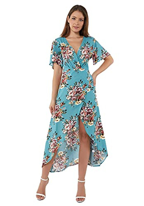 Bocianelli Wrap Maxi Dress Short Sleeve V Neck Floral Flowy Front Slit High Low Women Summer Beach Party Wedding Dress Blue