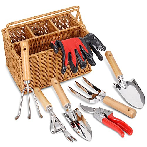 SOLIGT 8 Piece Garden Tool Set with Basket Stainless Steel Extra Heavy Duty Garden Hand Tools Kit with Wood Handle for Men Women