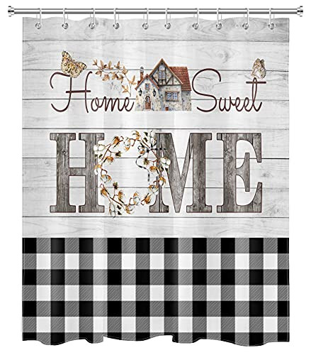 LB Buffalo Plaid Sweet Home Shower Curtain Black White Checked Butterfly Rustic Plank Farmhouse Shower Curtains for Bathroom Decor Set with Hooks 60x72 inch Fabric Waterproof Polyester