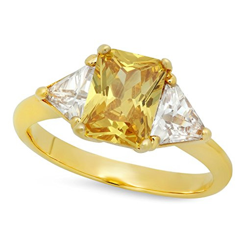 The Bling Factory Gold Plated Emerald-Cut Golden Yellow CZ Three-Stone Ring Size 7.5  plus Microfiber Cloth