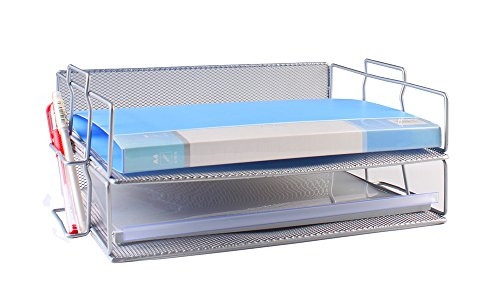 Document Tray Office Desk Organizer Mesh Collection Letter Tray Stackable Shelves Desktop Paper Holder (Silver, 2-Tier)