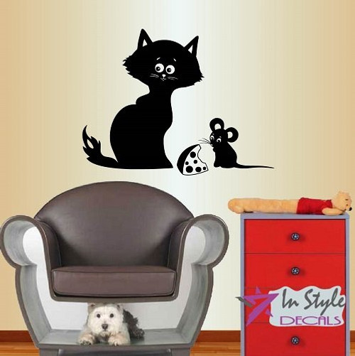Wall Vinyl Decal Home Decor Art Sticker Cartoon Cat and Mouse Friends Kids Nursery Bedroom Room Removable Stylish Mural Unique Design