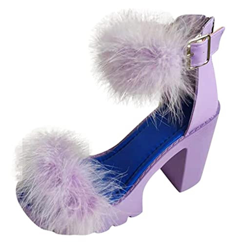 Aniywn Women's Open Toe Faux Fur Ankle Strap Chunky Platform High Block Heel Sandal Sexy Wedding Dress Pumps Sandals Purple