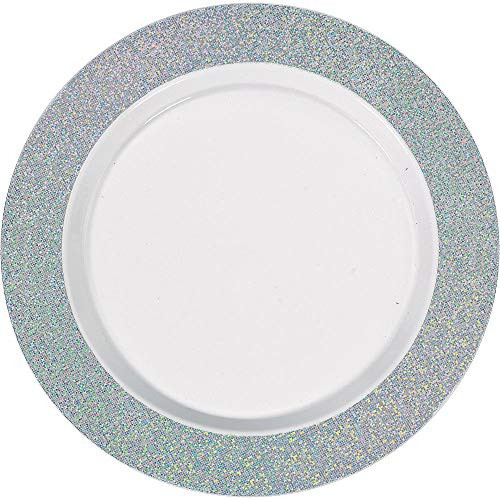 ELEGANI White Silver Premium Tableware- White Prismatic Silver Border Premium Plastic Dinner Plates 10ct
