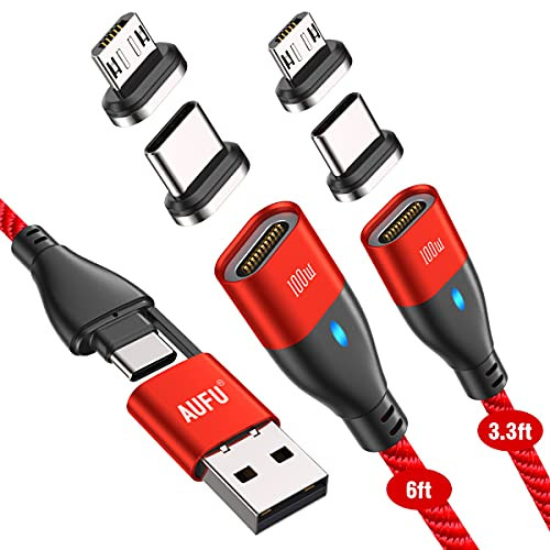 USB A  and  USB C to C PD Fast Charging Magnetic Cable-2Pack-3.3ft-6ft- AUFU 100W USB-A-C to 6 in 1 Magnetic Charging Cable Data Transfer Magnetic Charger Cable for Notebook Laptop Micro USB Type C