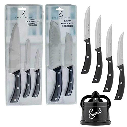 Emeril Lagasse 10-Piece Stamped Knife Set - 8 Chef Knife 5 Serrated Utility Knife 3.5 Paring Knife 7 and 5 Santoku Knives -4- 4.5 Stamped Steak Knife Set plus Countertop Sharpener -Black- Emeril Lagasse 10-Piece Stamped Knife Set - 8 Chef Knife 5 Serrated Utility Knife 3.5 Paring Knife 7 and 5 Santoku Knives -4- 4.5 Stamped Steak Knife Set plus Countertop Sharpener -Black-