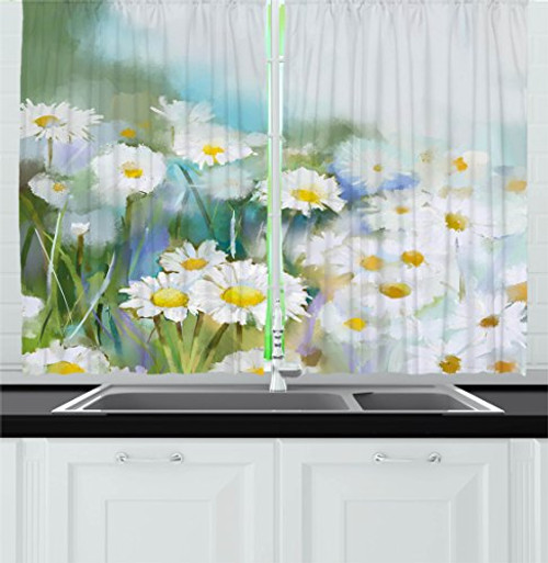 Ambesonne Flower Kitchen Curtains Retro Inspired Chamomiles Bed with Old Fashion Vintage Growth Window Drapes 2 Panel Set for Kitchen Cafe Decor 55" X 39" White Yellow