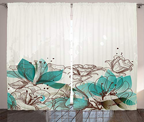 Ambesonne Turquoise Curtains Retro Floral Background with Hibiscus Silhouettes Dramatic Romantic Nature Art Living Room Bedroom Window Drapes 2 Panel Set 108" X 90" Beige Teal