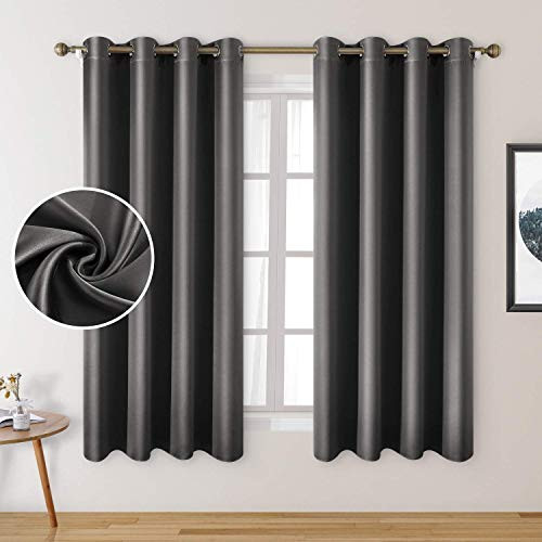 HOMEIDEAS 2 Panels Faux Silk Curtains Dark Grey Blackout Curtains for Nursery 52 X 63 Inch Room Darkening Satin Curtains for Bedroom Thermal Insulated Blackout Window-Indoor Curtains for Living Room