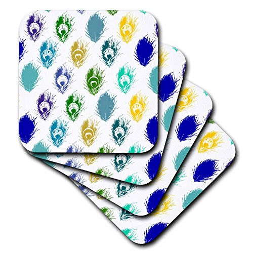 3dRose cst_112892_3 Blue Peacock Feather Pattern-Green Aqua Teal Yellow Turquoise Feathers-Ceramic Tile Coasters, Set of 4