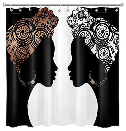 LB African American Black Girls Shower Curtain Afro Black Woman with Turban Tribal Bathroom Curtains Hooks Waterproof Fabric Shower Curtain Set70x70 Inch