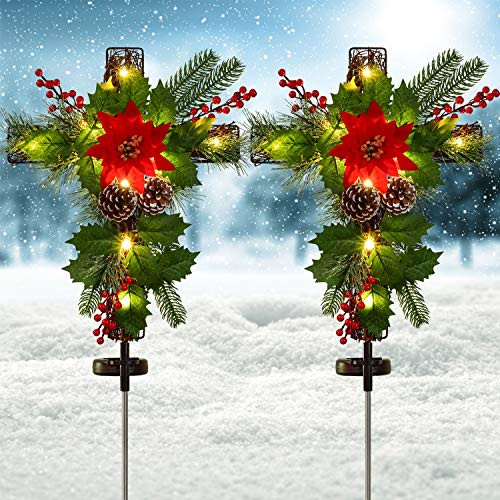 Doingart 2 Pack Outdoor Solar Lights Christmas Decorations Cross Stake Lights with Faux Poinsettia Pine Cones Red Berries and Foliage for Garden Patio Grave
