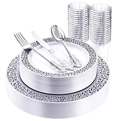 I00000 150PCS Silver Plastic Plates Disposable Silverware  and  Plastic Silver Cups Silver Rim Plastic Tableware include 25 Dinner Plates 25 Dessert Plates 25 Tumblers 25 Forks 25 Knives 25 Spoons