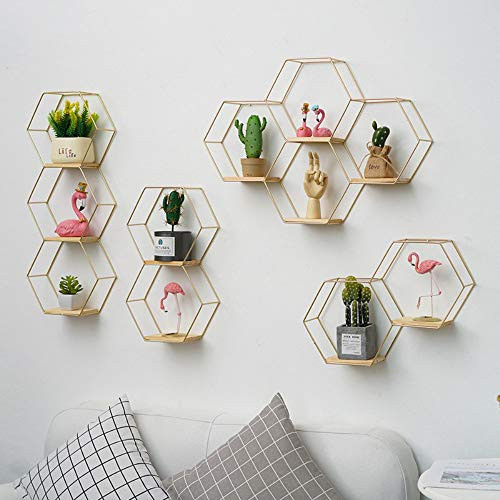 Homebeast Floating Wall ShelvesWall Mounted Storage ShelvesIron Decorative Wall Storage Racks for Living Room Bedroom Kitchen Bathroom Wooden Decoration Racks -GoldB-