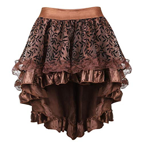 Blidece Women's Lace Steampunk Gothic Vintage Satin High Low Midi Skirt with Zipper Brown XL