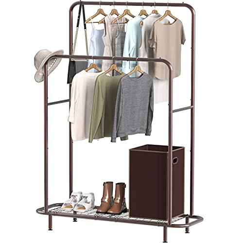 Simple Houseware Double Rod Clothing Garment Rack with Bottom Shelves Bronze