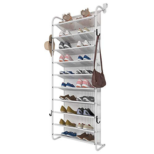 FKUO 10-Tier Over The Door Shoe Organizer Hanging Shoe Storage with 2 Customized Strong Metal Hooks for Closet Pantry Kitchen Accessory - Space Saving Solution -10 Layer White and Hooks-