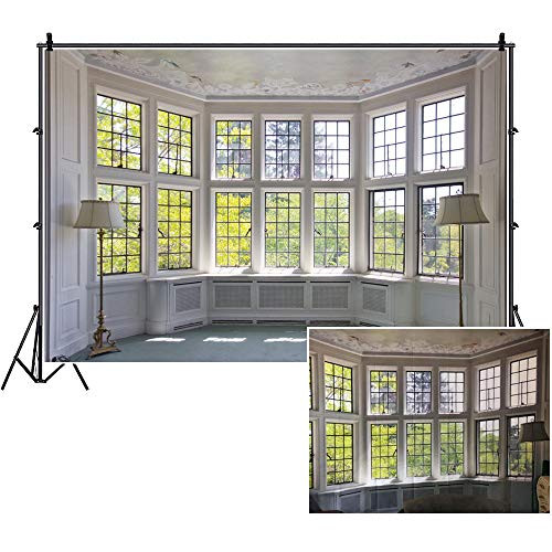 CSFOTO 10x8ft Living Room Backdrop Big Window View Garden Classic Construction Design Interior Decor Background for Photography Video Conferencing Background Live Video Supplies